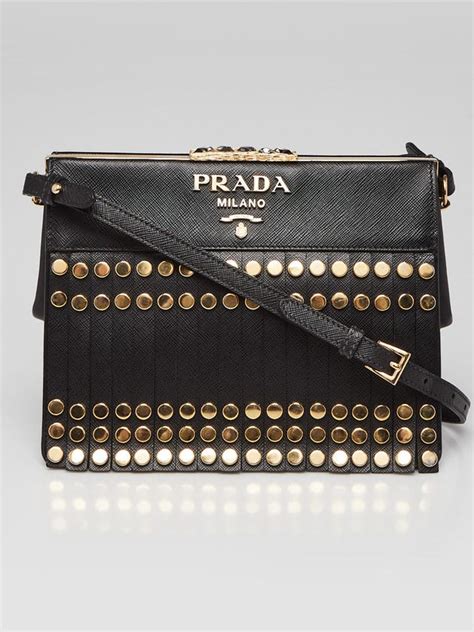 prada women's leather fringe straps studded idol shoulder bag black|Prada galleria shoulder strap.